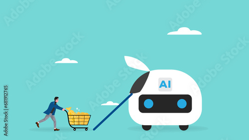 artificial intelligence and the future of work illustration with a businessman who bring money to artificial intelligence robot to help him complete his work