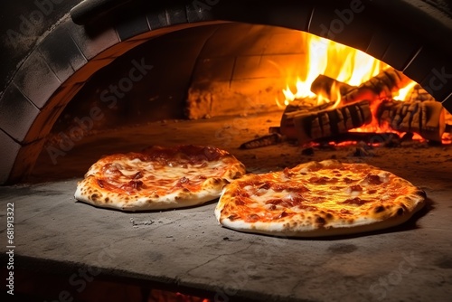 Two pizzas sit on top of a brick oven with a fire burning inside  their crusts golden brown and their cheeses bubbling.