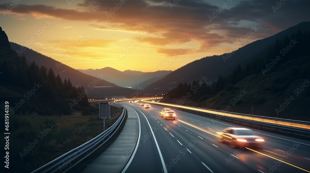 Fast car headlights on European highways Cargo transportation theme on the highway at sunset View of traffic and highway running through the mountains car lights on the highway in the mountain