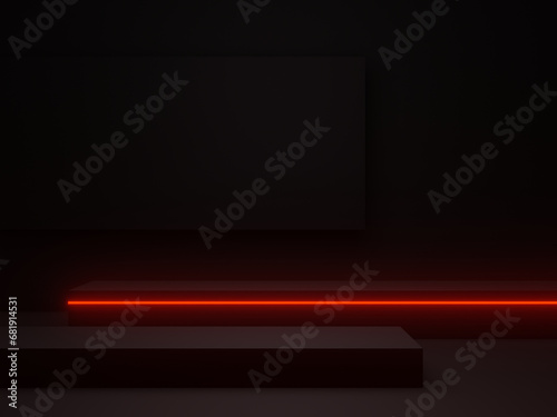 Scientific black geometric podium with red neon lights.