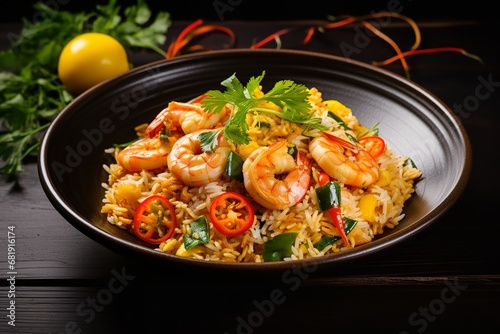 A bowl of steaming hot rice and a glass of red wine sit on a wooden table. The rice is fluffy and flavorful, and the shrimp are cooked to perfection.