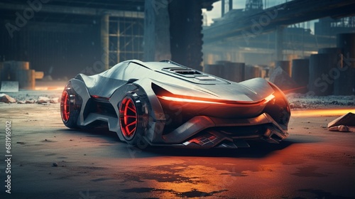 Futuristic car with laser safety lights - futuristic car concept - front view in outdoor studio (with grunge and dust overlay) brand less - 3d illustration