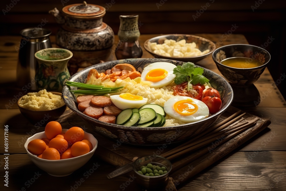 A steaming bowl of pho noodles with thinly sliced beef, fresh vegetables, and fragrant herbs sits on a wooden table in this close-up photo.