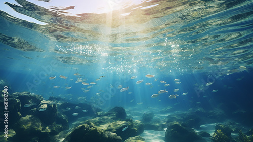 underwater view with school fish in ocean