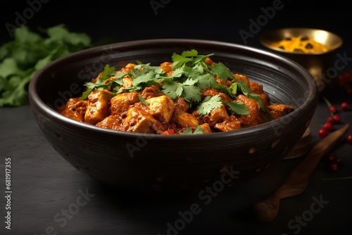 A steaming bowl of chicken curry with cilantro on a black background. The chicken is cooked to perfection and the curry is rich and flavorful.