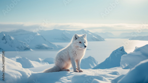 A white arctic fox sitting on top of a snow covered mountain