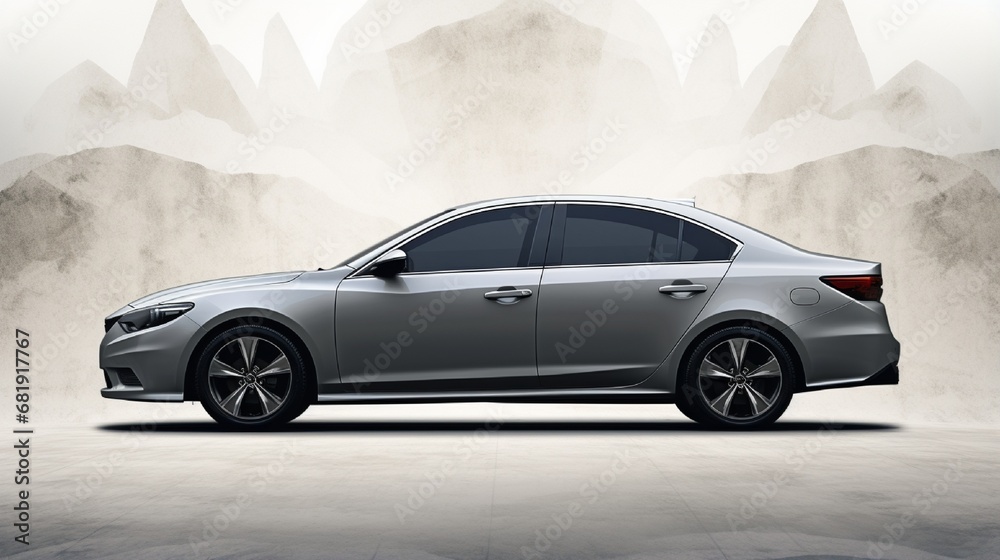 Generic brandless gray car - side view (with grunge overlay) - 3d illustration