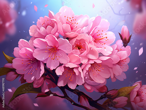 A bunch of pink flowers on a branch