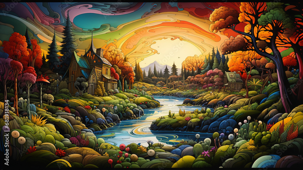 A colorful psychedelic illustration of a river surrounded by trees