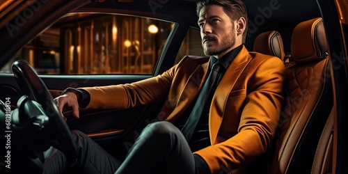 guy sitting in a car at night, in the style of light orange and dark gold, generative AI © VALUEINVESTOR