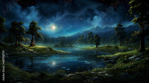 A lake in the woods at night concept art illustration