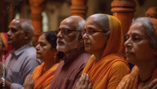 Senior adults and women smiling at famous Indian religious ceremony generated by AI