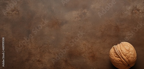 A whole, unopened walnut with a textured shell, placed in the lower left corner on a deep, earth-toned background.  photo