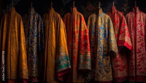Indigenous silk garment collection in vibrant yellow, blue and multi colored generated by AI