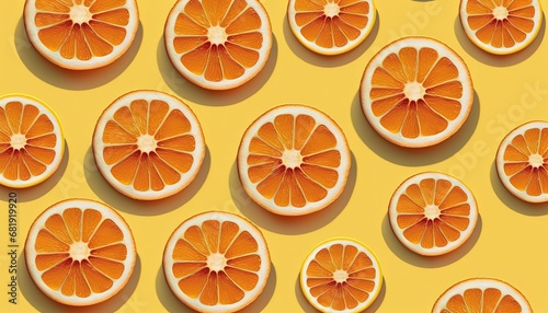 Red orange slices pattern yellow color background Minimal fl lay top view food texture grapefruit citrous slice fruit vibrant colours pastel minimalist creative design up high overhead abstract