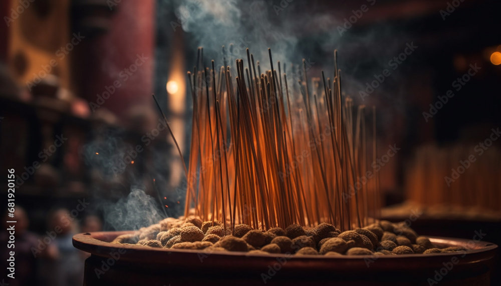 Obraz premium Burning incense, praying men, and glowing yellow flames celebrate spirituality generated by AI