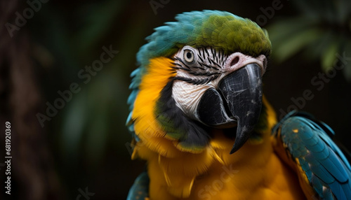 Vibrant macaw perching on branch, beauty in tropical rainforest generated by AI photo