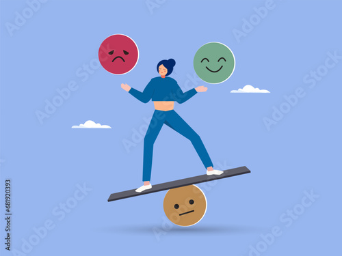 Emotional intelligence, balance emotion control feeling between work stressed or sadness and happy lifestyle concept, mindful calm woman using her hand to balance smile and sad face.
