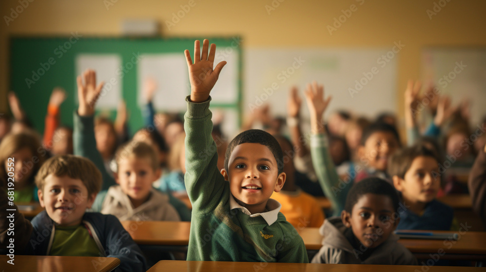 Fototapeta premium Pupils raising their hands during class at the elementary school
