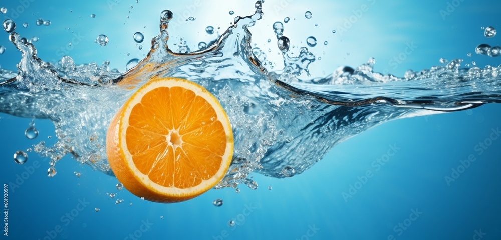 An HD image capturing a ripe orange dropping into a serene pool of clear blue water, creating a vibrant splash, with the fruit isolated against a clean and unobtrusive background. An HD image capturing a ripe orange dropping into a serene pool of clear blue water, creating a vibrant splash, with the fruit isolated against a clean and unobtrusive background.