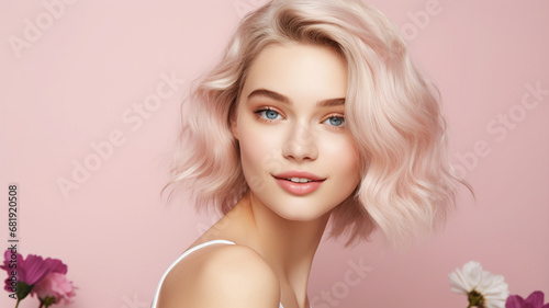 Portrait of a happy young female model with short blonde hair