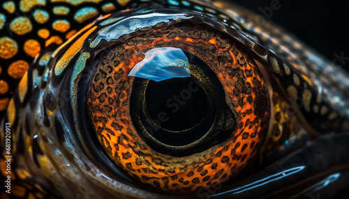 Animal eye reflects multi colored underwater pattern of spotted viper generated by AI photo