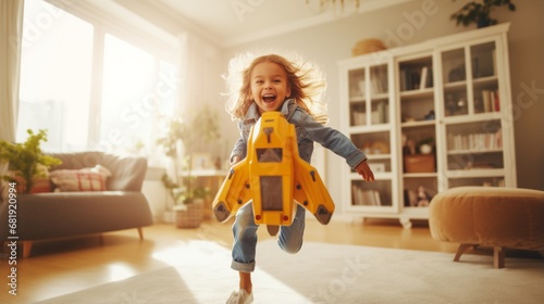 Happy child playing with toy jetpack Kid pilot having fun at home Success, innovation and leader concept