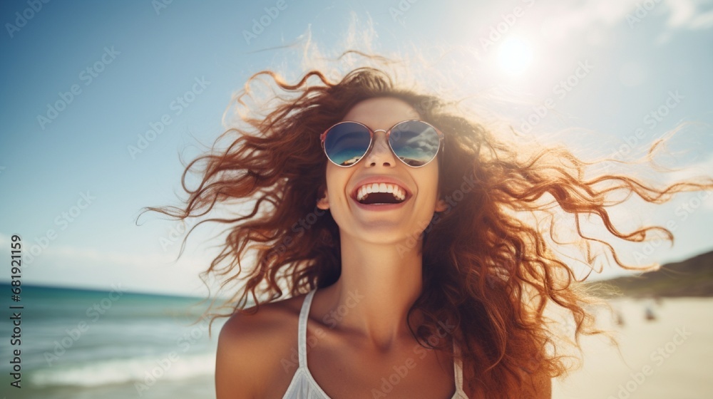Happy woman enjoying at the beach Summer vacations concept