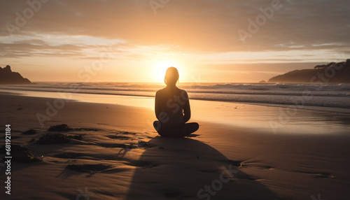 One person meditating in lotus position at serene coastline generated by AI © Jeronimo Ramos