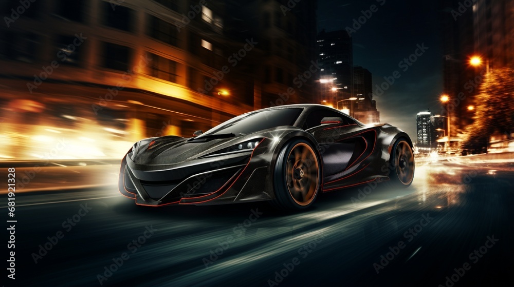 High speed black sports car - city street racer concept (with grunge overlay and motion blur) generic and brandless - 3d illustration