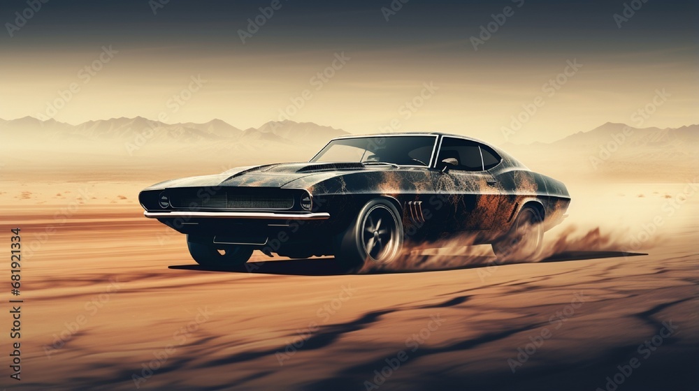 High speed black retro car in desert - road warrior concept (with grunge overlay and motion blur) - 3d illustration