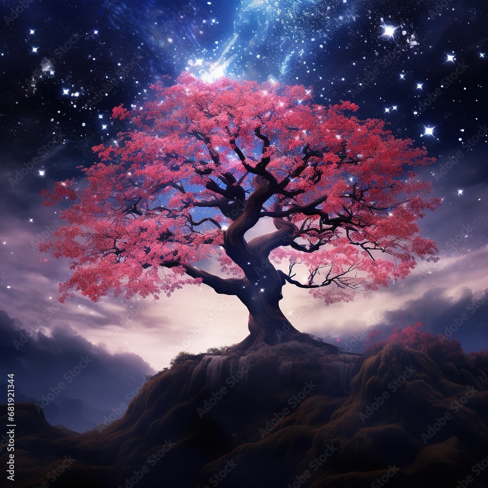 A fantastic cherry blossom tree in the sky surrounded by stars A fantastic cherry blossom tree in the sky surrounded by stars