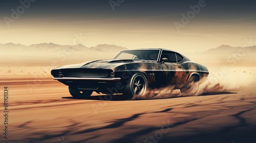 High speed black retro car in desert - road warrior concept (with grunge overlay and motion blur) - 3d illustration © Muhammad