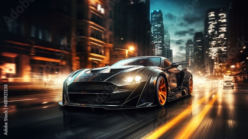 High speed black sports car - city street racer concept (with grunge overlay and motion blur) generic and brandless - 3d illustration © Muhammad