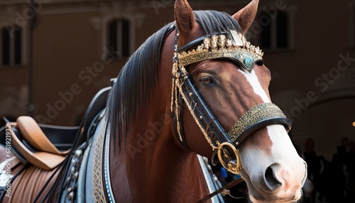 Portrait horsedrawn carriage horse decorated head animal buggy city urban crowd street look mammal looking muzzle tour tourism attraction transportation transport entertainment cart sightseeing photo