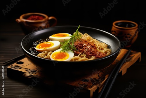  bowl of ramen noodles with eggs in a black bowl. The noodles are bathed in a rich and savory broth, and the eggs are perfectly cooked