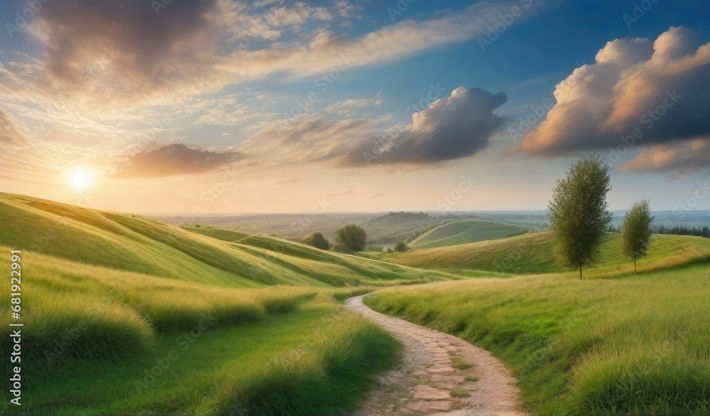 Obraz premium Panoramic natural landscape with green grass field, blue sky with clouds and mountains in background.