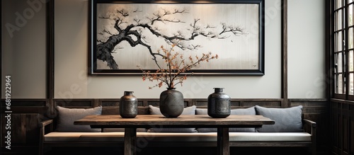 In the corner of the room, a vintage watercolor painting with a Japanese ornament depicted in black ink, adorned the white marble wall, adding a touch of old-world charm to the modern space with its photo