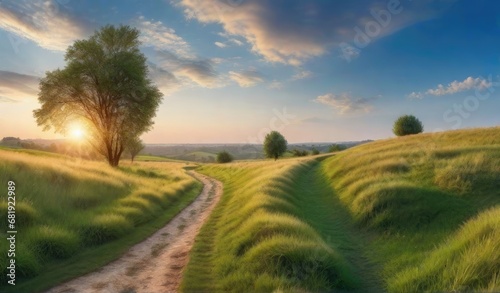 Panoramic natural landscape with green grass field, blue sky with clouds and mountains in background.