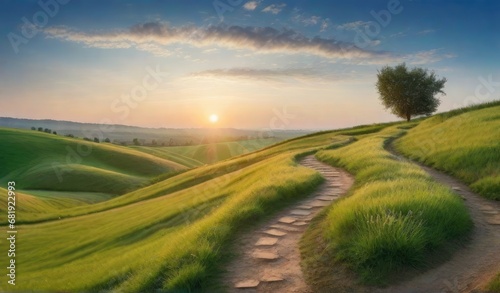 Panoramic natural landscape with green grass field, blue sky with clouds and mountains in background.