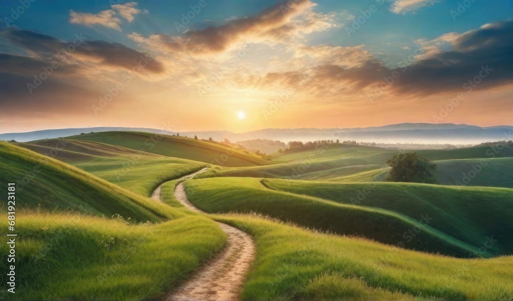 Obraz premium Panoramic natural landscape with green grass field, blue sky with clouds and mountains in background.