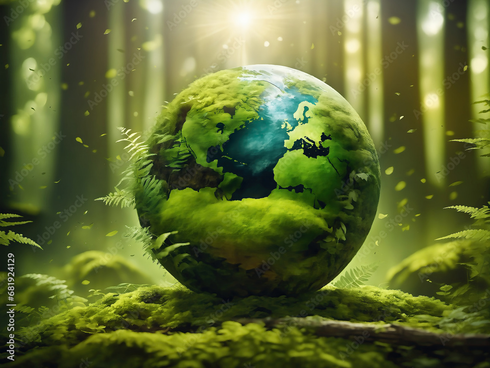 Environmental Harmony- A Green Globe, Swathed in Moss and Ferns, Serenely Rests amidst a Forest Glade, Kissed by Defocused Sunlight's Gentle Rays