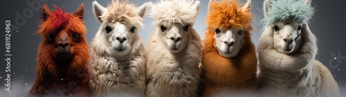 Colorful Llamas in a Row on Gray Background
