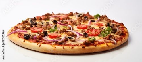 In a white background, an isolated pizza sits tantalizingly in a restaurant, adorned with a colorful mix of meat, red tomatoes, and vegetables, oozing with melted cheese, fulfilling the cravings of