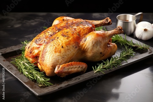 oasted chicken and vegetables, fresh out of the oven. The chicken is golden brown and crispy, and the vegetables are tender and flavorful.