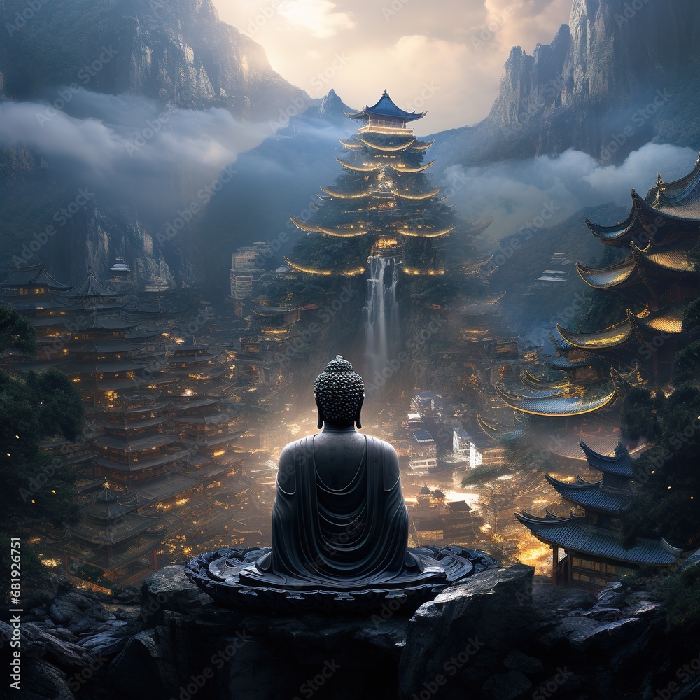 buddha in the center of the mountains - obrazy, fototapety, plakaty 