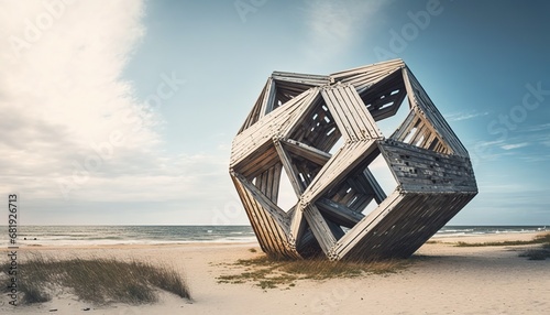Old abandoned wooden geometric sculpture wild beach Juodkrante Lithuania sea wilderness summer abstract art weathered lonely structure nobody baltic worn out nature landscape view seascape