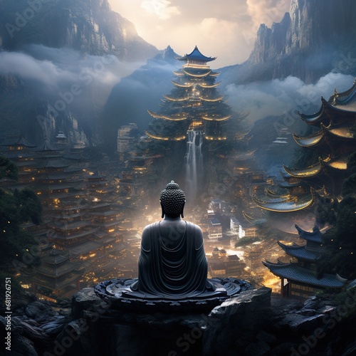 buddha in the center of the mountains
