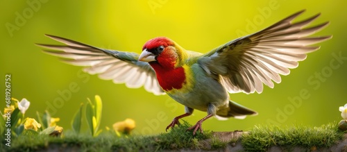 In the lush green meadow, a colorful bird with glossy feathers perched on a branch, ready to fly. The European Finch, a passerine species, fluttered its wings gracefully, landing on the bird feeder to photo