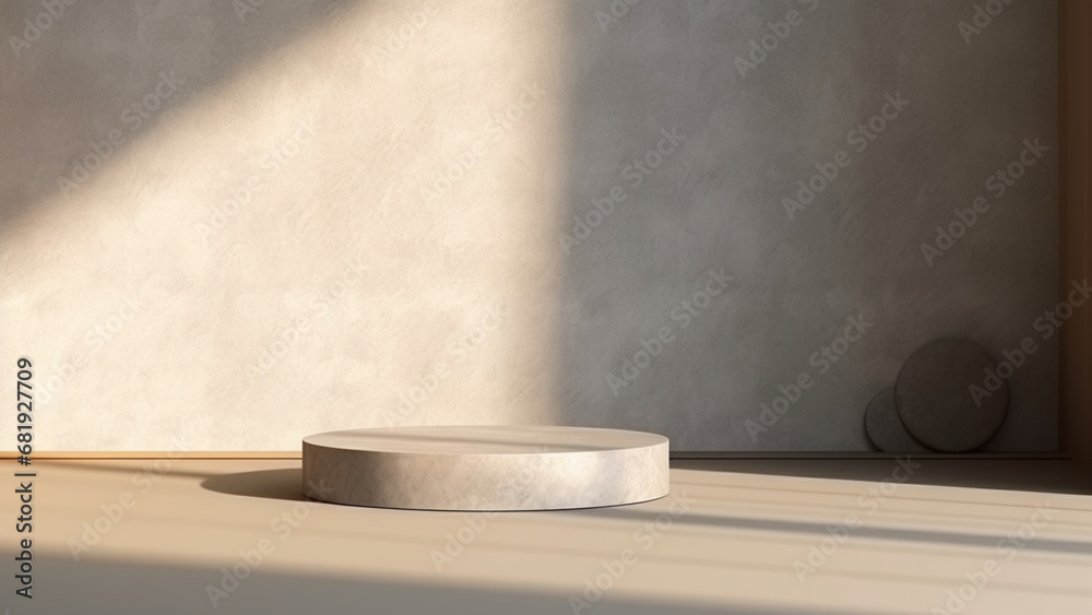 Circle Podium Mockup, Light and Shadow on the Wall and Floor Scene Circle Podium Mockup, Light and Shadow on the Wall and Floor Scene